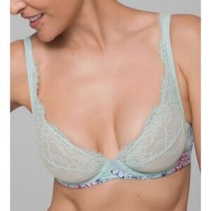 SOMA 36DD SENSUOUS CHANTILLY UNLINED PLUNGE bra blue floral lace lingerie